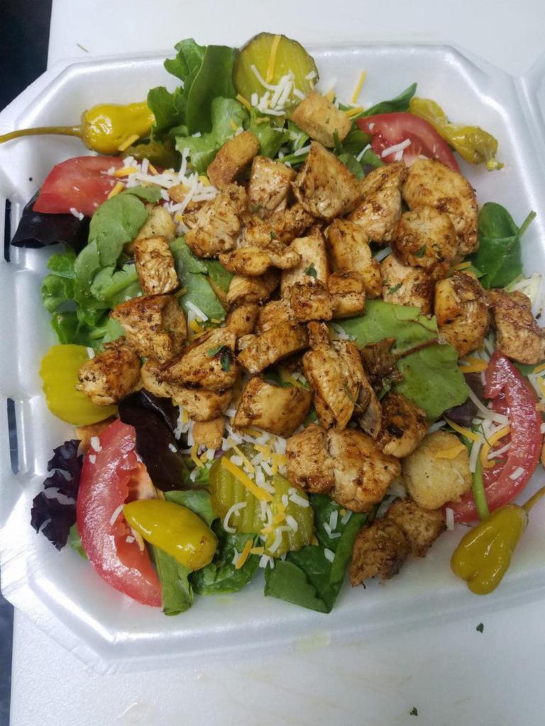 Chicken Salad · Lettuce, cheese, onions, tomatoes, cucumbers, and peppers.