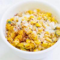 ESQUITES (LITTLE CORN-CUP) · ESQUITES: Corn removed from the cob (little corn-cup), lime, mayonnaise, fresh Mexican Chees...