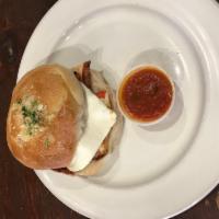 Chicken Garlic Knot Bun with Fresh Mozzarella and Roasted Peppers · With grilled chicken.