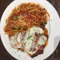 Chicken Parmigiana · Served with salad, garlic bread and your choice of pasta or french fries.