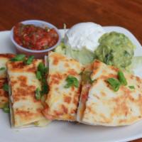 Roasted Anaheim Quesadilla 3 Rd Prty · Grilled flour tortilla loaded with Monterey Jack and cheddar cheese, diced tomato, Anaheim p...