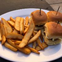 Sliders · 3 beef sliders cames with Meat,cheese and French fries. 