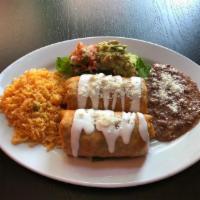 Chimichanga · Rolled in a soft flour tortilla and fried to a golden crisp and your favorite meat
Served wi...