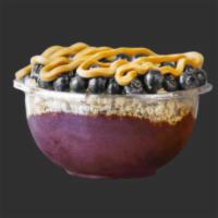 PB&J Bowl · Base: organic acai with banana toppings: granola, blueberry, peanut butter.