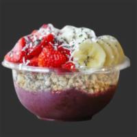 Superfood Bowl · Base: kale, organic acai. Organic pitaya, pineapple, almond milk toppings: granola, banana, ...