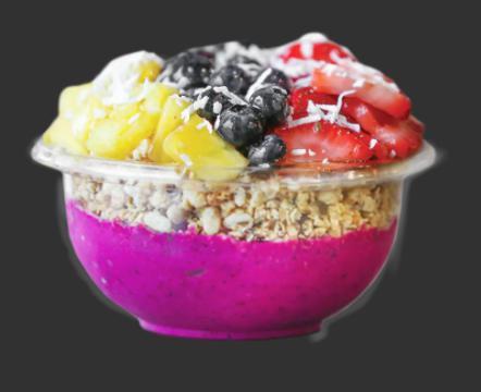 Bermuda Bowl · Base: organic pitaya, banana, pineapple, almond milk toppings: granola, strawberry, blueberry, pineapple, honey, coconut flakes.