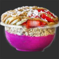 Fiji Bowl · Base: organic pitaya, banana, pineapple, almond milk toppings: granola, banana, strawberry, ...