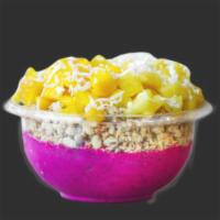 Barbados Bowl · Base: organic pitaya, banana, pineapple, almond milk toppings: granola, mango, pineapple, co...