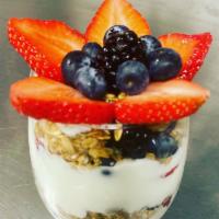 Berry Parfait · Fresh fruit, yogurt, Darla's homemade granola all layered perfectly in a 20 oz. wine glass. ...