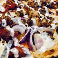 Chicken Bacon Ranch  · Marinated chicken over melted mozzarella teamed up with sauteed cherry tomatoes, red onion a...