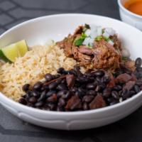 El Primo Bowl · Build with homemade rice, refried beans, Birria meat, fresh onions, cilantro, limes ＆ red sa...