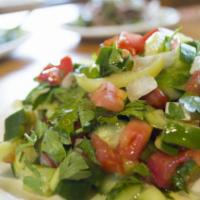 Shepherd Salad  · Tomatoes, cucumber, parsley, onions, green peppers, olive oil and red vinegar, lemon juice. ...