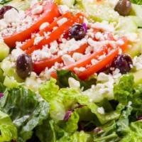 Filled Green Salad Vegetarian · Lettuce, pickled red cabbage, tomatoes, red onions, cucumber, topped with feta cheese, olive...