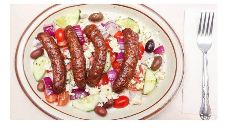 Mediterranean Chicken Sausage · Served with sausage, grape tomatoes, red onions, and feta cheese.