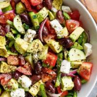 The Greek Avocado Island Salad · Cherry tomatoes, cucumbers, avocado, red onions, feta cheese and Kalamata olives, tossed in ...