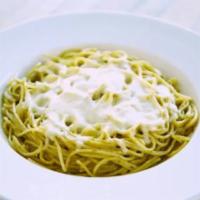 Poblano Pepper Pasta · Spaghetti tossed in poblano pepper sauce and topped with mozzarella cheese. Add chicken for ...