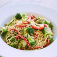 Veggie Primavera · Served with angel hair pasta, red bell peppers, zucchini, broccoli, mushrooms, and Parmesan ...