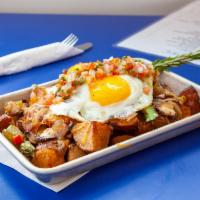 Loaded Potatoes Breakfast · Roasted potatoes, mushrooms, onions, peppers, pico de gallo, melted cheese. Add 2 eggs for a...