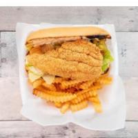 Catfish Poboy Combo · Fried catfish strips on French bread with lettuce, tomatoes, pickles and HBC mild sauce
Gold...