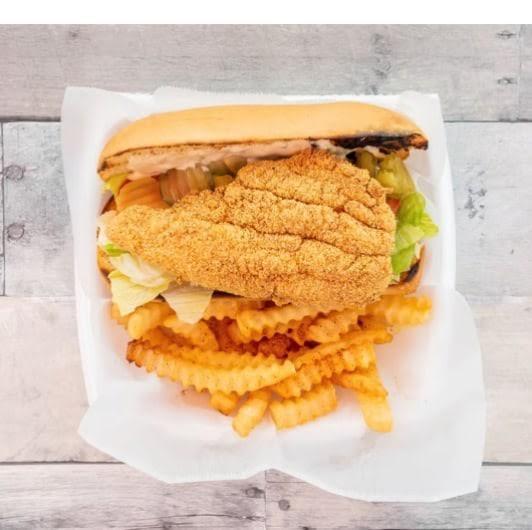 Catfish Poboy Combo · Fried catfish strips on French bread with lettuce, tomatoes, pickles and HBC mild sauce
Golden French fries