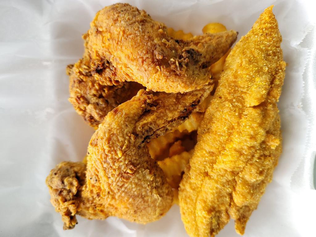 Catfish and Wang Combo · Catfish filet and two whole chicken wings and fries