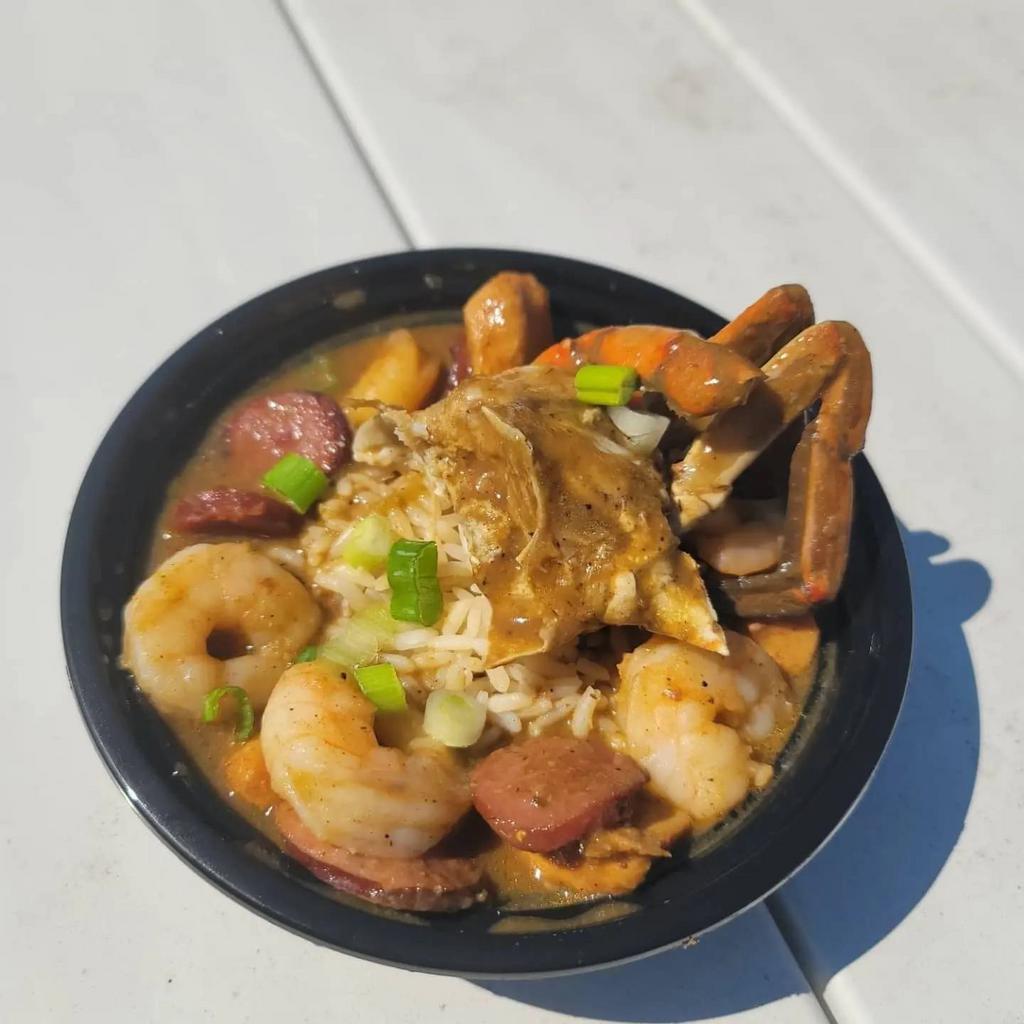 Seafood Gumbo FRIDAY ONLY · Shrimp, chicken, andouille and blue crab in a Cajun Roux served with rice 