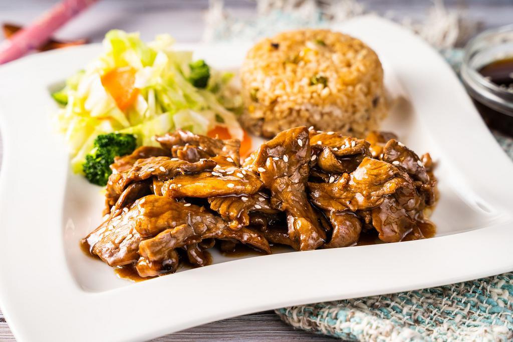 Beef Teriyaki 日式照烧牛 · Served with White Rice or Noodle and Mixed Vegetables