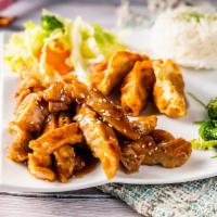 Chicken Teriyaki Bento Box 日式照烧鸡套餐 · Served with Fried Dumplings & Seaweed Salad