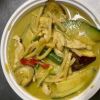 Green Curry · Green curry with bamboo shoot, bell pepper, eggplant, string bean, basil and coconut milk. S...