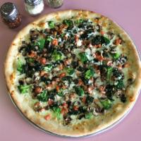 Veggie Spring Garden Pizza · Mushrooms, spinach, broccoli, fresh tomatoes and garlic.