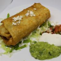Chimichangas · Choice of meat, rice, beans, lettuce, pico, sour cream, cheese and Guac