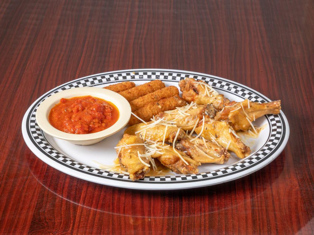 Garlic Parmesan Wings · Bone-in wings. Smothered with creamy garlic Parmesan served with 2 cheese sticks.
