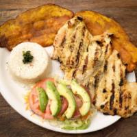 PECHUGA A LA PLANCHA-GRILLED CHICKEN  · Grilled Chicken. Rice, salad and fried green plantains.