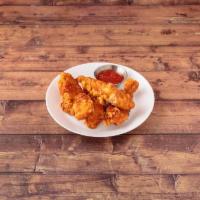 5 Chicken Fingers · Served with your choice of blue cheese, hot sauce or BBQ sauce. Add fries for an additional ...