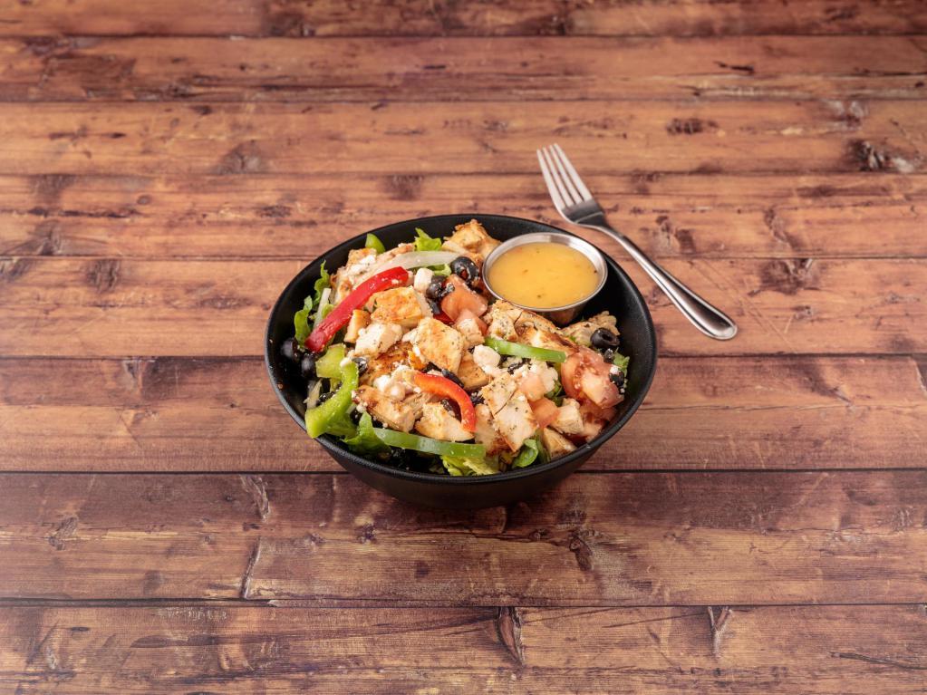 Greek Salad with Chicken · Romaine lettuce, tomato, cucumbers, peppers, onions, feta cheese and black olives.