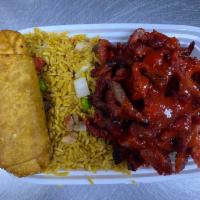 C8. Boneless Spare Ribs Platter · Served with pork fried rice and egg roll.
