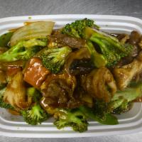 S20. Triple Delight · Sliced beef, chicken and shrimp sauteed with Chinese vegetable in brown sauce.