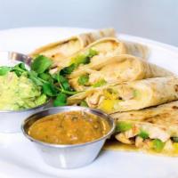 Quesadillas · Ancho chicken or smoked brisket, roasted onions, poblanos, chipotle BBQ sauce, pepprerjack c...