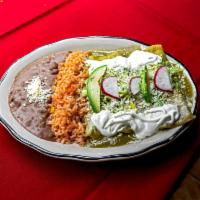 Enchiladas Verde De Pollo  · Chicken Filling With Lettuce, Sour Cream, Cotija Cheese, Avocado, Radish, As Toppings With A...