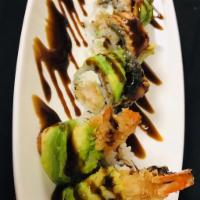 Kirin Roll (8pc) · Shrimp tempura, cream cheese, cucumber rolled with eel and avocado.