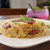 Chinese sausage fried rice · tomatoes, onion, scallions, sweet sausage mixed with rice