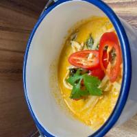 Red curry (GF) · Gluten free. Basils, bamboo shoot, long hot chili , red curry paste in coconut milk  served ...