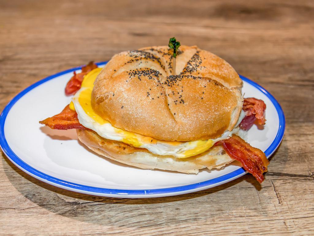 On a Roll · Crisp bacon, sausage or ham, fried egg and cheese on a hard roll.