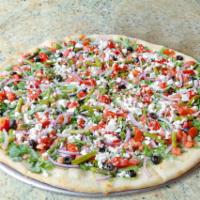 Spring Mix Pizza · Arugula, asparagus, tomatoes, red onion, roasted red peppers and Feta cheese.