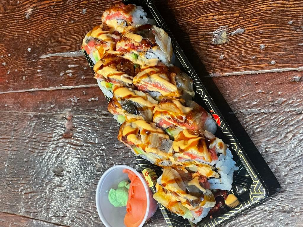 Crazy Roll · Shrimp Tempura, Crab meat, Avocado, Topped with Spicy tuna and Eel, Eel sauce and spicy mayo