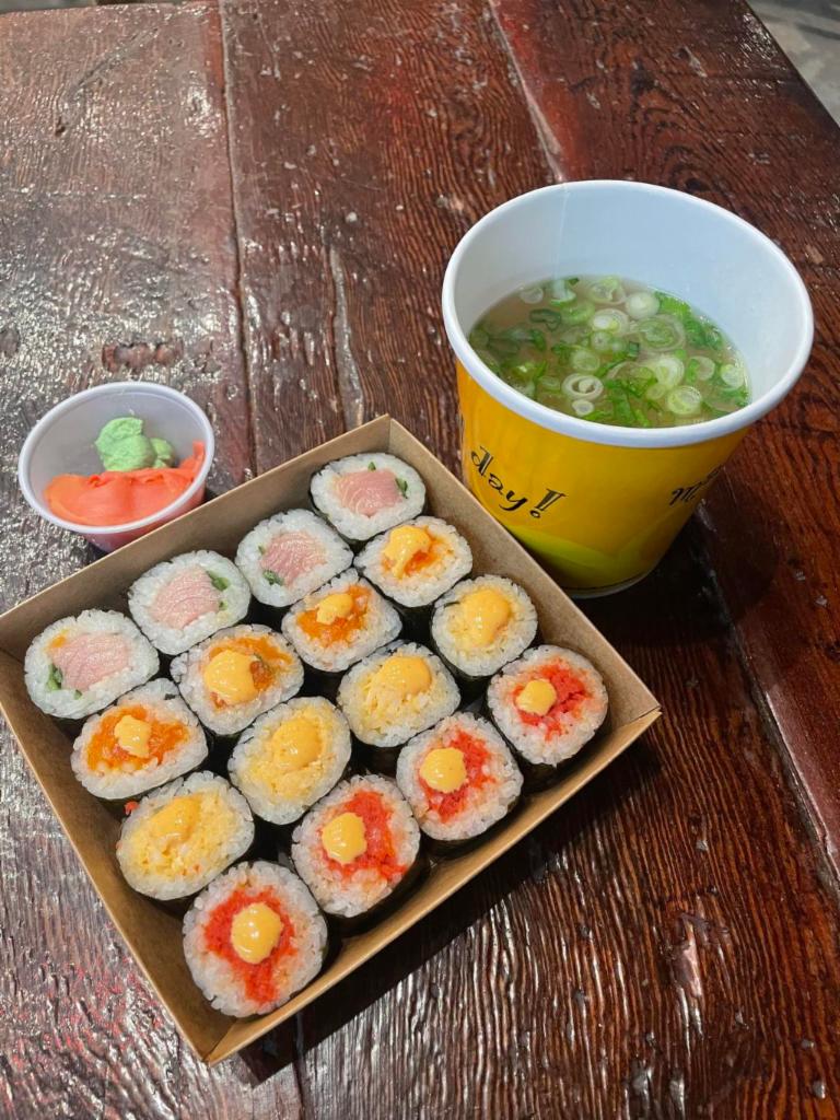 Combo 2 Box Special · Spicy Salmon, Spicy Blue Crab, Spicy Tuna, Yellowtail Jalapeno with Miso Soup 