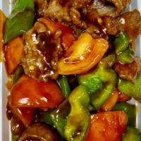 104. Pepper Steak with Tomatoes · Stir fried steak with vegetables and a savory sauce.