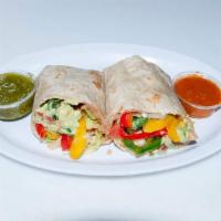 Veggie Burrito · Sauteed bell peppers, onions ,cheese, guacamole, beans and rice.