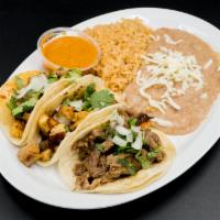 3 Taco Plate · Choice of meat, rice and beans, onions and cilantro.