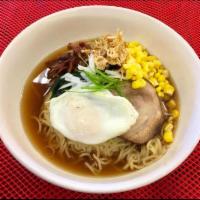 N5. Miso Ramen Noodle · Ramen noodles, poached egg, piece of crispy bacon, seaweed, corn, green onions, pork chashu ...